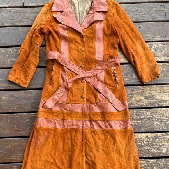 Vintage leather suede longline coat rusty orange patchwork - Picture 8 of 8